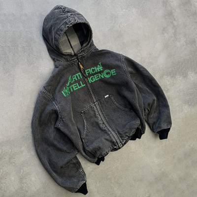 Custom Schwergewichtsbox Fit Vintage Säure Waschen zerrissen Bedrängt Reißverschluss Up Denim Hoodie Jacket Männer
