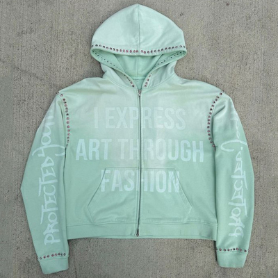 Custom Gemstone Zip Up Heavy Weight Hoodie Vintage Säure gewaschen Baggy Boxy Fit geschnitten Rhinestone Hoodie