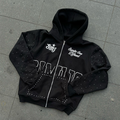 Custom Rhinestone Reißverschluss Hoodie 450 gsm Dicke Schwergewicht Bildschirmdruck Logo Reißverschluss Hoodies Männer