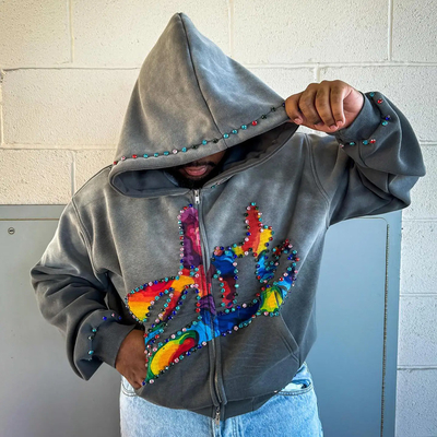Custom Rhinestone Reißverschluss Hoodie 450 gsm Dicke Schwergewicht Bildschirmdruck Logo Reißverschluss Hoodies Männer