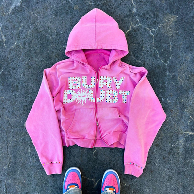 Vintage gewaschenes Fleece Französisch Terry Schwergewicht Dicke Kristall Strass Doppelverschluss Hoodie Männer