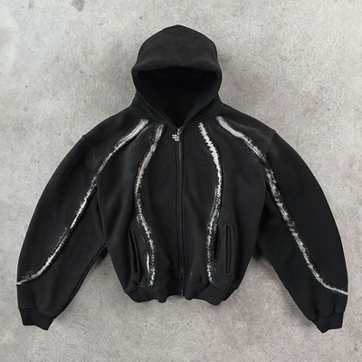 Streetwear Hoodie Custom Vintage Fringed Strip 100% Baumwolle Distressed Zipper Schwergewichts Box Fit Schnitt Hoodies