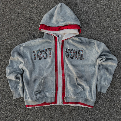Custom Streetwear Doppel 3 Reißverschluss Säure Waschen Vintage Baggy Boxy Fit Bedrängte Strass Dreifach Schicht Reißverschluss Hoodie
