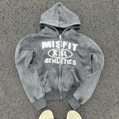 Custom Vintage Stone Waschen Applique Patchwork Stickerei Hoodies Schwere Baumwolle Grau geschnitten Zip-Up Distressed Hoodie
