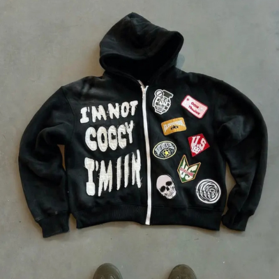 Custom Zip Up Heavyweight Baumwolle Terry Hoodie mit Box Fit und Distressed Patch Stickerei saisonal notwendig