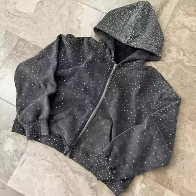 Oem Schwergewichts Zipper Hoodie Custom 100% Baumwolle Terry Hoodie Sweatshirt Straßenbekleidung Strass Zip Up Hoodie für Männer