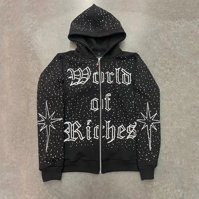 Hochwertige Stickerei Zip Hoodie Schwergewichts Baumwolle Französisch Terry Oversized Hoodies Custom Zipper Strass Zip Up Hoodie