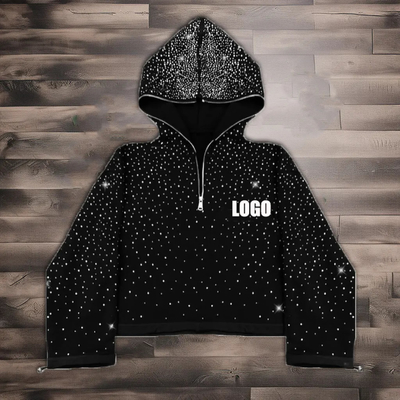 Straßenkleidung Custom 380 500gsm Männer Französisch Terry Fleece überall Druck Strass boxig beschnitten Vollgesicht halber Reißverschluss hoodie Männer