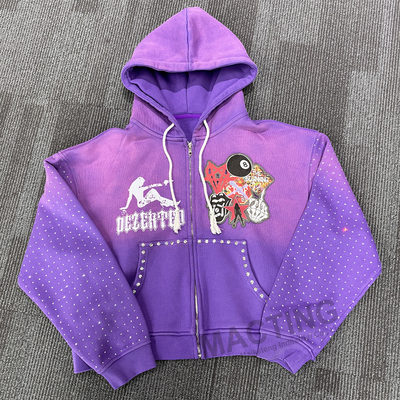 Custom Streetwear Vintage Gewaschen Hoodies Sonne verblasste Patchwork Pflasterten Strass Kiste geschnitten Reißverschluss Hoodie für Männer