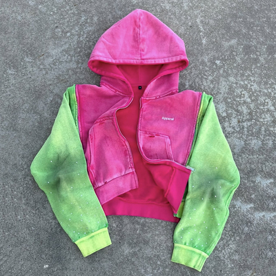 Männer-Custom-Säure-Wasch-Hoodie mit verblasstem Distressed-Design und Strass-Details