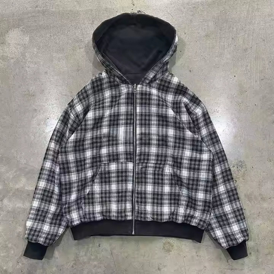 Custom Acid Wash Broderierte gestreifte Flannel Zip Up Hoodie Jacke Doppelschicht umkehrbar Plaid Hoodie in 100% Baumwolle