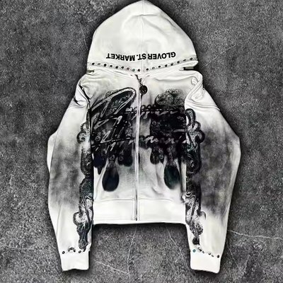Custom Dirty Waschen Zipper Strass Hoodie Männer Grafik gedruckt Logo Französisch Terry Streetwear Vintage Distressed Hoodie