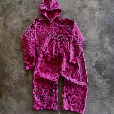 Französische Terry-Tracksuits Leopard-Druck Reißverschluss-Sweatpants und Hoodie-Set Baggy Jogger-Set Straßenbekleidung Männer 2 Stück Sets