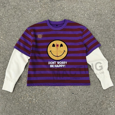Custom-Hersteller DTG Druck Baumwolle Gewirkte Box T-Shirt Rugby Streifen Doppelschicht Waffel Langärme T-Shirt für Männer
