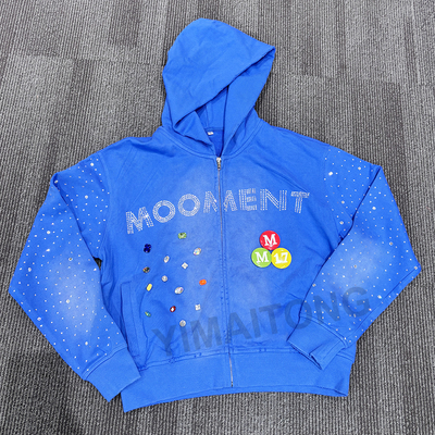 Custom Sonnenwaschen verblasste Notleidende Männer geschnitten Baumwolle Terry Schwergewicht 420 Gsm Reißverschluss bis Rivet gepolstert Strass Hoodie