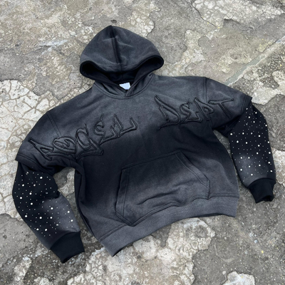 Custom Sonnenwaschen verblasste Notleidende Männer geschnitten Baumwolle Terry Schwergewicht 420 Gsm Reißverschluss bis Rivet gepolstert Strass Hoodie