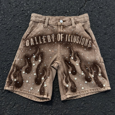 Custom 2025 Sommer Strass Jeans Shorts Straßenbekleidung Braun Gewaschene Denim Shorts Vintage Baggy Jorts