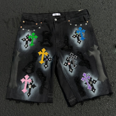 Hochwertige Strumpfhosen Straßenbekleidung Strumpfhosen Kurz Jeans Bedrängte Stickereien Patchwork Denim-Shorts Kurz für Männer
