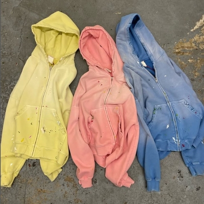 Custom Sonnenwaschen verblasste Notleidende Männer geschnitten Baumwolle Terry Schwergewicht 420 Gsm Reißverschluss bis Rivet gepolstert Strass Hoodie