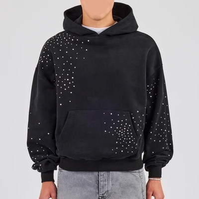 Custom Pullover Hoodie Männer Streetwear Stickerei Logo Vintage Säure Waschen Übergroße Drop Schulter Strass Hoodie
