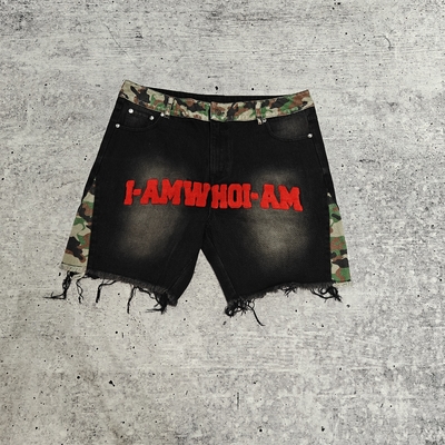 Custom Handtuch Stickerei Patches Logo Camo Baggy Jorts Straßenbekleidung Hochwertige Roh Hem Vintage Denim Jeans Shorts für Männer