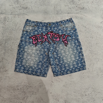 Maßgeschneiderte, hochwertige Luxus-Jacquard-Denim-Jeansshorts, Vintage-Waschung, doppeltes Knie, schweres Baumwoll-Baggy-Jorts für Herren