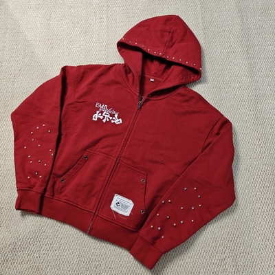 Custom Washed Red Hoodie Distressed Stickerei Baumwolle French Terry Edelstein Perlen Oversized Boxy Reißverschluss Hoodies für Herren