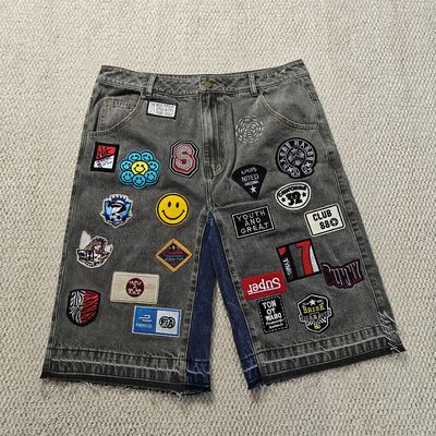 Custom Stickerei Patches Logo Baggy Jorts Straßenbekleidung Hochwertige Roh Hem Vintage Denim Jeans Shorts für Männer